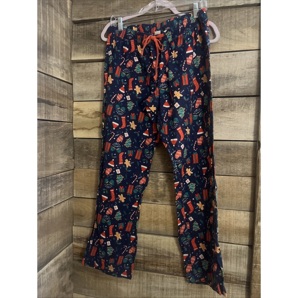 Christmas design old navy pajama pants festive gloves stocking trees cookies med